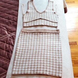 Iris Checkered Whiye And Tan V Neck Knit Crop Top and Knit Skirt Set